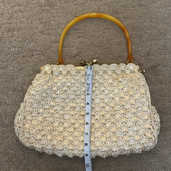 Vintage Large Woven Raffia Top Handle Ivory Cream Granny Core Handbag - Picture 6 of 14
